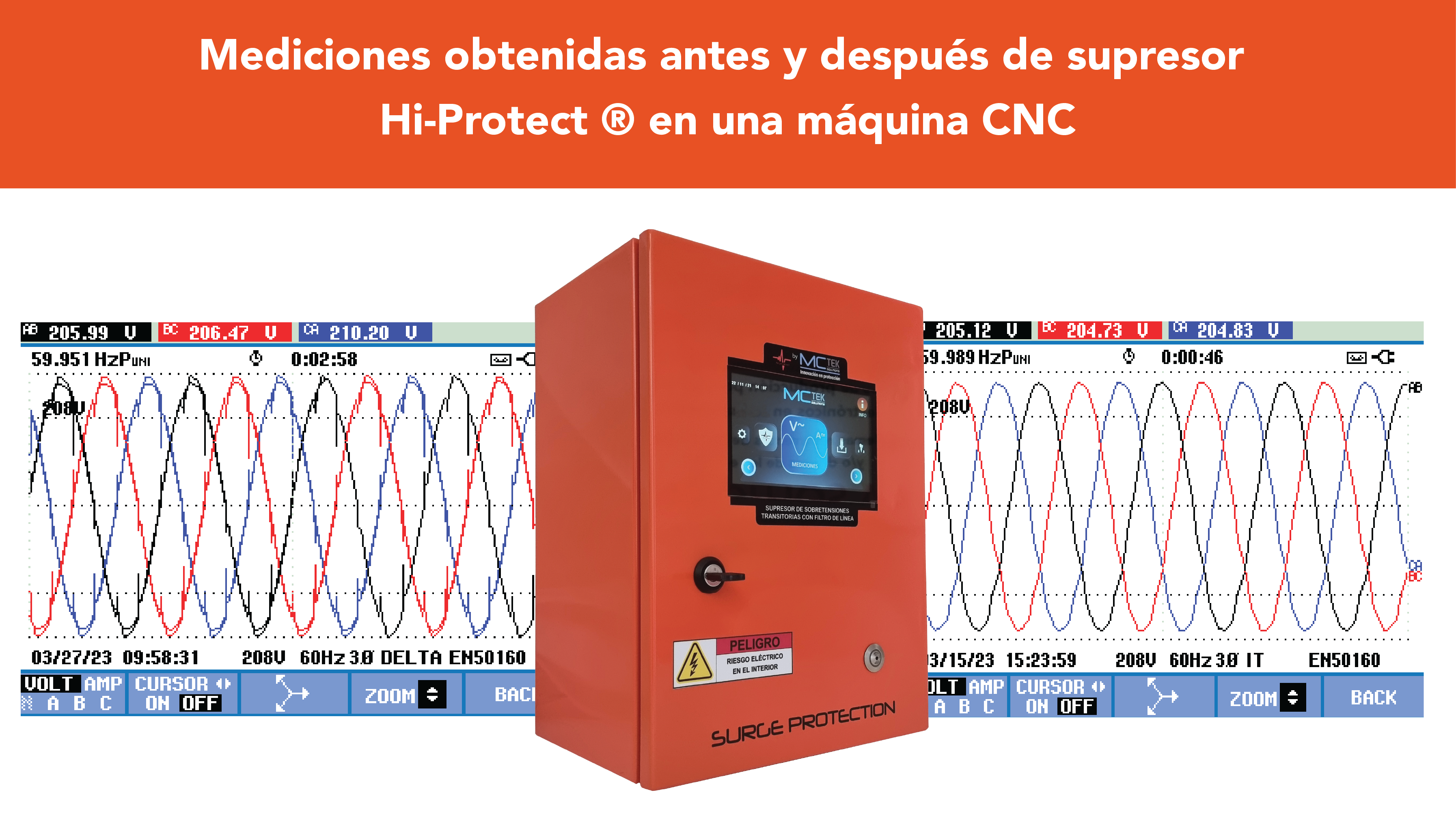 Gráfico de la señal eléctrica antes y después del equipo de Hi-Protect en máquinas CNC
